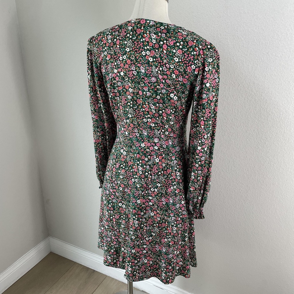 Uniqlo Dress Womens Small Green Floral V Neck Fit Flare Long Sleeve Pockets - Picture 9 of 11